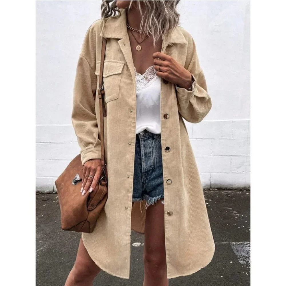 Corduroy Snap Button Flap Pocket Curved Hem Coat Khaki - Picture 5 of 6